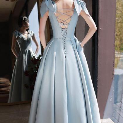 Blue Satin Long Prom Dress with Bea..