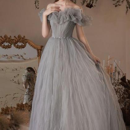 Off Shoulder Beaded Greya-line Prom Dress, Grey..