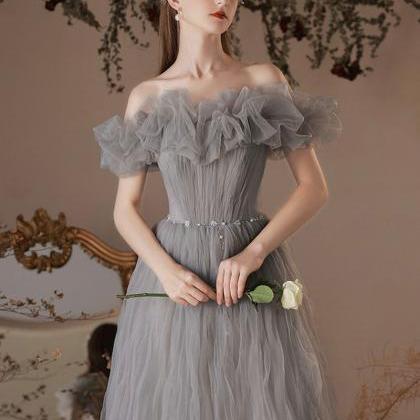 Off Shoulder Beaded Greya-line Prom Dress, Grey..