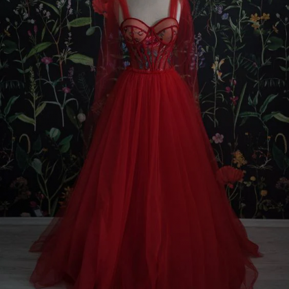 Red Tulle with Flowers Long Party D..