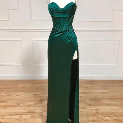Green Satin Straps Long Prom Dress ..