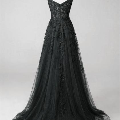 Black Tulle with Lace Straps A-line..