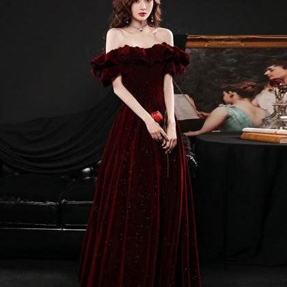 Dark Red Velvet Off Shoulder Party Dress, A-line..