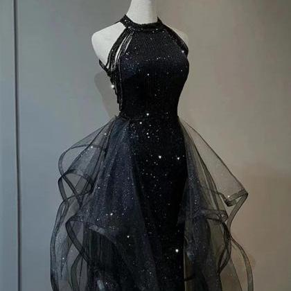 Black Halter Sequins Long Party Dress With Tulle,..