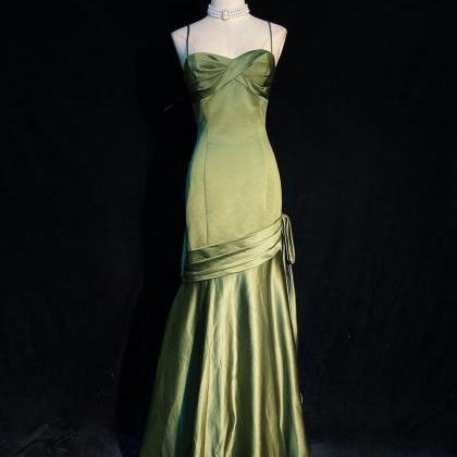 Green Satin Long Straps Floor Length Party Dress,..