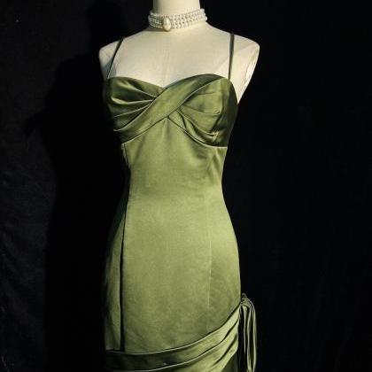 Green Satin Long Straps Floor Length Party Dress,..