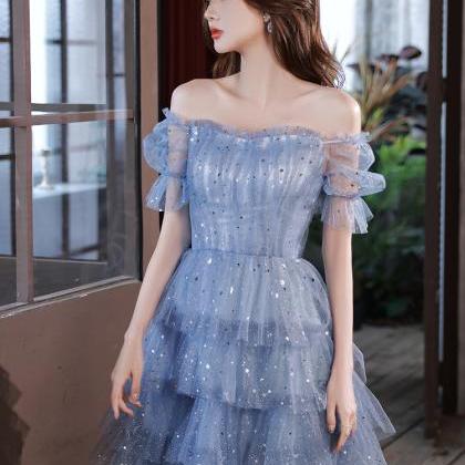 Blue Tulle Short Layers Party Dress, Off Shoulder..