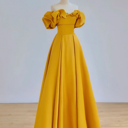 Yellow Satin Long Prom Dress, A-line Yellow Party..