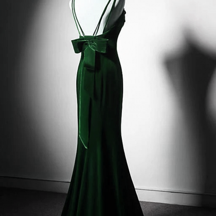 Green Velvet Straps Backless Party Dress, Green..
