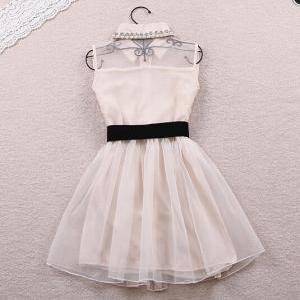 Cute Pearl Lapel Gauze High Waist Dress With..