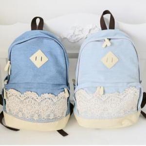 Pretty Denim Backpack Bag With Lace,..