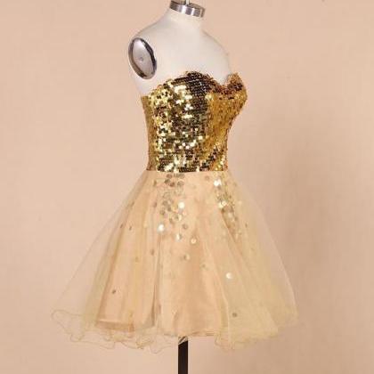 Gold Sequins Sweetheart Short Tulle Formal Dress,..