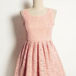 Delicate Lace Round Neckline Short Dress, Lovely Pink Lace Dress, Cute Dresses
