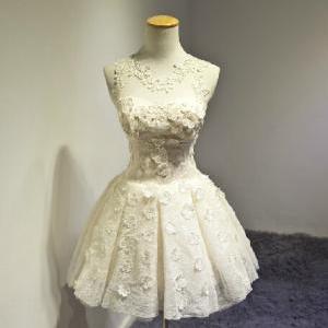 Lovely Lace Champagne Flower Ball Gown Short..