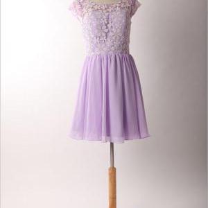 Graceful Purple Lace Round Neckline Short Prom..
