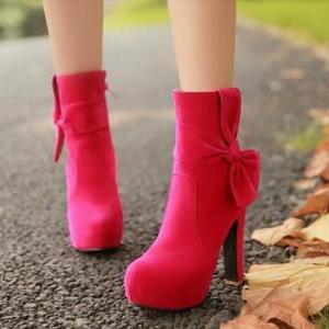 Charming Rose Red High Heels With Bow, Pretty High..
