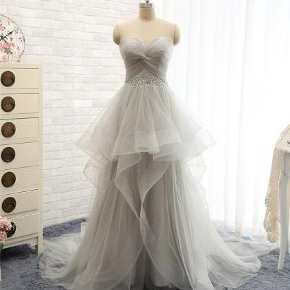 Charming Grey Tulle Lace-up Prom Dresses, Tulle..