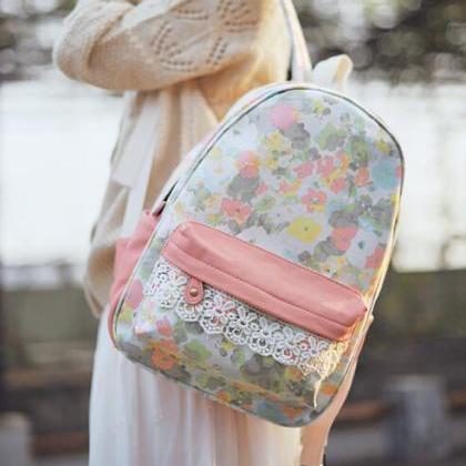 Pretty Adorable Flower Print Backpack With Lace..