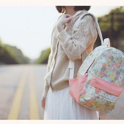 Pretty Adorable Flower Print Backpack With Lace..