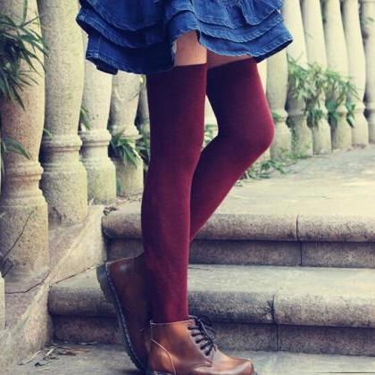 Super Cute Long Burgundy Knit Socks, Wool Sock,..