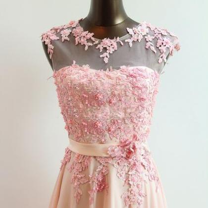 Pretty Pink Lace Floor Length Prom Dresses, Long..