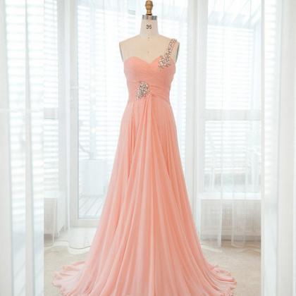 Lovely Blush Pink One Shoulder Chiffon Sweep Train..