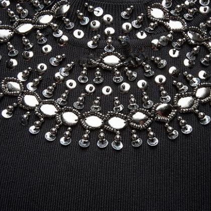 Black Crystal Embellished Evening Bodycon Dress,..