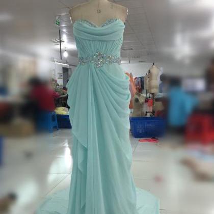 Elegant Blue Long Chiffon Sweetheart Prom Dresses..