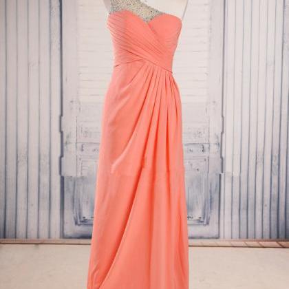 One Shoulder Coral Prom Floor Length Style Prom..