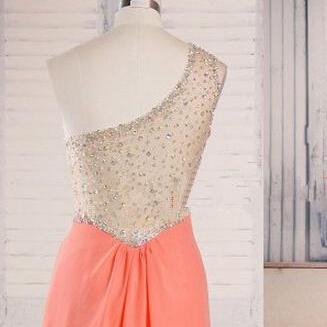 One Shoulder Coral Prom Floor Length Style Prom..