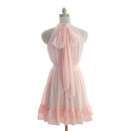 Pretty Chiffon Pink Halter Short Prom Gown With..