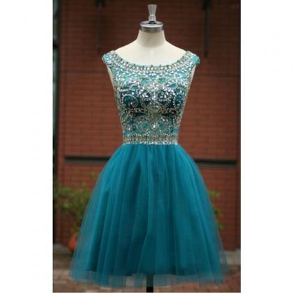 Handmade A-line Teal Knee Length Tulle Prom Dress..