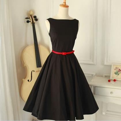Elegant Simple Black Party Dresses With Red Belt, Vintage Black Dresses ...