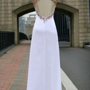 Gorgeous White Chiffon Open Back Long Prom Dress..