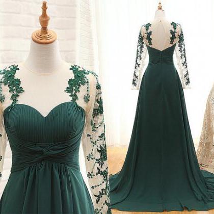 Handmade Long Sleeve Prom Dress Pleated Dark Green..