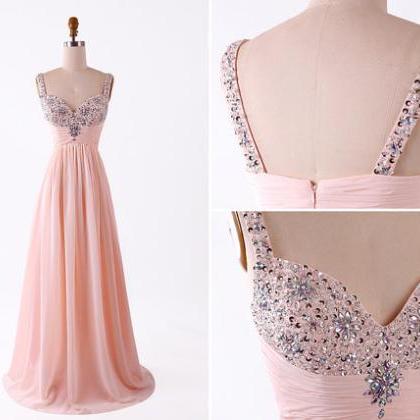 Pretty Pink Beadings Straps Long Prom Dresses..