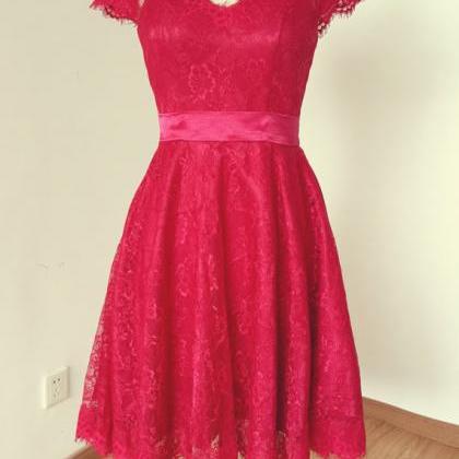 Handmade 2015 Cap Sleeve V-neck Red Lace With..