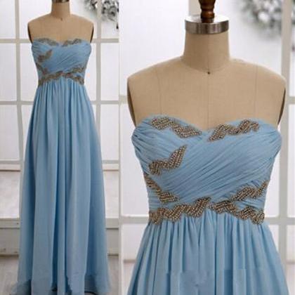 Handmade Blue Long Prom Dress With Beadings, Blue..