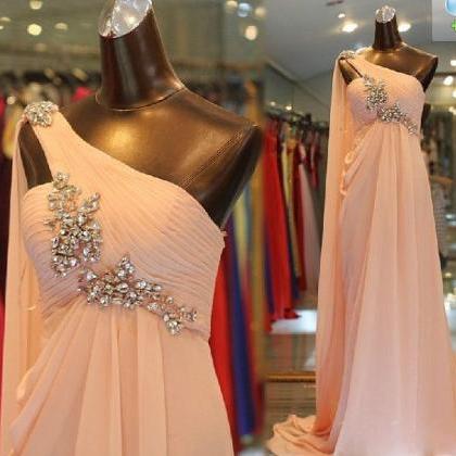 Pretty One Shoulder Pink Chiffon Long Prom Dress..