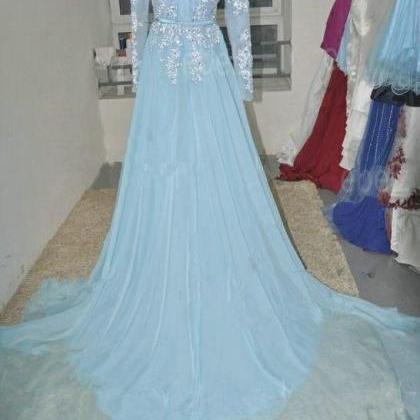 Pretty Mint Blue Chiffon Long Prom Dress With..