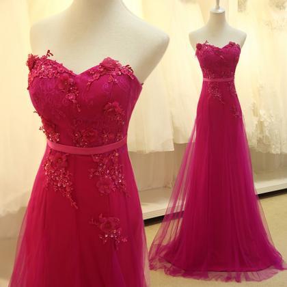 Rose-red Strapless Sweetheart A-line Chiffon Long..