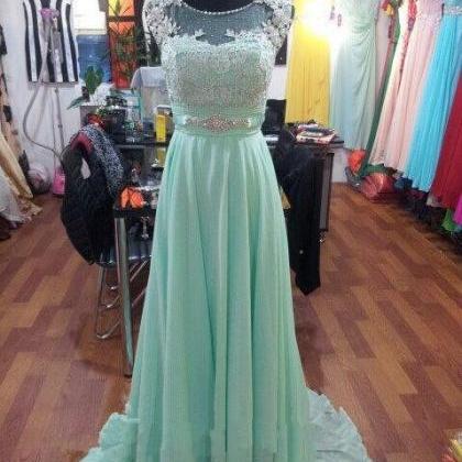 Pretty Mint Chiffon Long Handmade Prom Dresses..