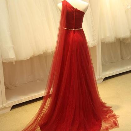 Pretty Tulle One Shoulder Wine Red Long Simple..
