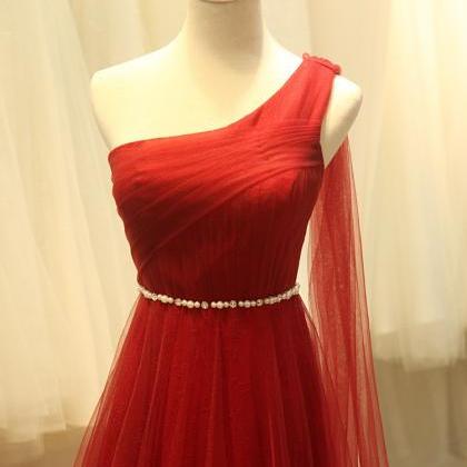 Pretty Tulle One Shoulder Wine Red Long Simple..