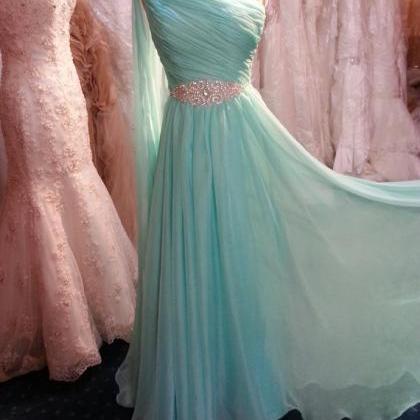 Pretty One Shoulder Mint Long Chiffon Prom Dress..