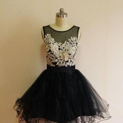 Pretty Black Short Tulle Ball Gown Prom Dress With..