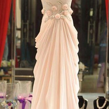 Charming Light Pink Chiffon Prom Gowns With Lace,..