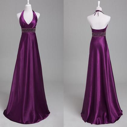 Elegant Halter Neckline Long Purple Bridesmaid..