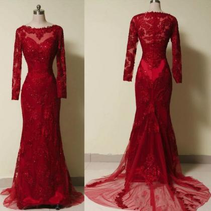 Red Lace Long-sleeved Mermaid Long Prom Dress,..
