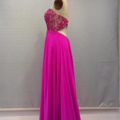 Luxurious Fuchsia One Shoulder Beadings Side Split Sleeveless Prom Dresses main image 1